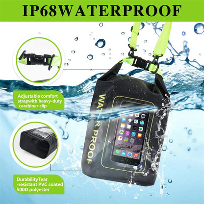 Waterproof PVC Outdoor Dry Bag - 5L & 2L Capacity - Multi-Sport Floating Bag for Swimming, Diving, Kayaking, Rafting & Beach Activities - Crossbody Shoulder Travel Bag for Surfing