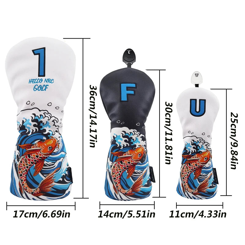 Koi Pattern Golf Club Head Covers – PU Leather, Waterproof, Driver / Fairway / Hybrid / Putter