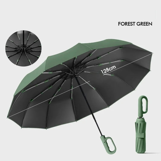 Extra Large 12-Rib Automatic Umbrella - Windproof Dual-Purpose Folding Rain & Sun Umbrella with Ring Buckle & Black Coating