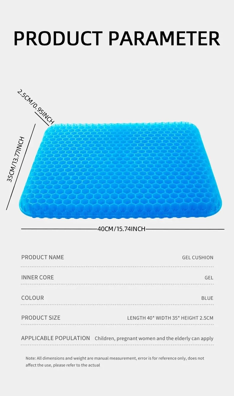 Gel Seat Cushion - Breathable Honeycomb Design for Pressure Relief, Back & Tailbone Pain - Summer Comfort for Home, Office, Wheelchair & Car