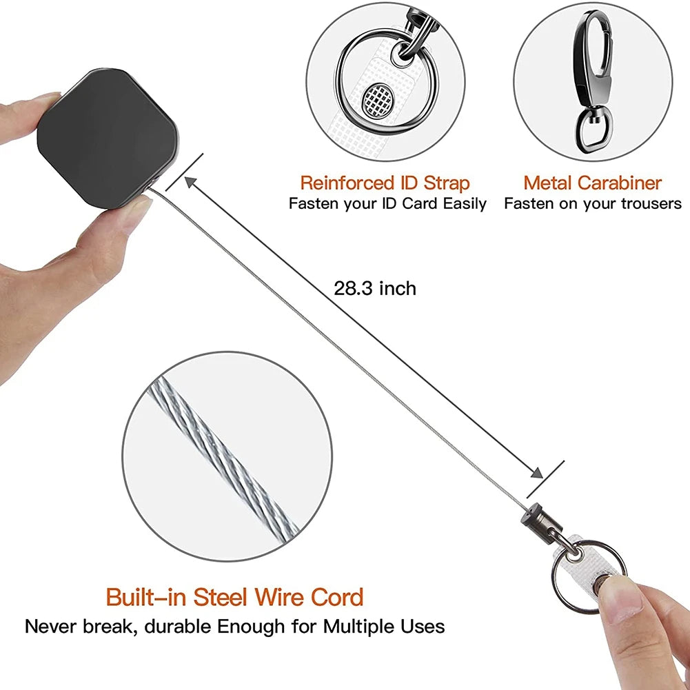 Heavy Duty Retractable Badge Reel Key Chain - Square Design with Carabiner Clip