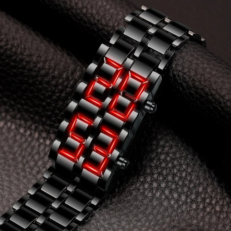 LED Digital Sports Watch - Full Metal Lava Style Wristwatch with Alarm & Calendar (Red/Blue Display)