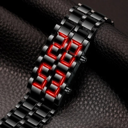 LED Digital Sports Watch - Full Metal Lava Style Wristwatch with Alarm & Calendar (Red/Blue Display)