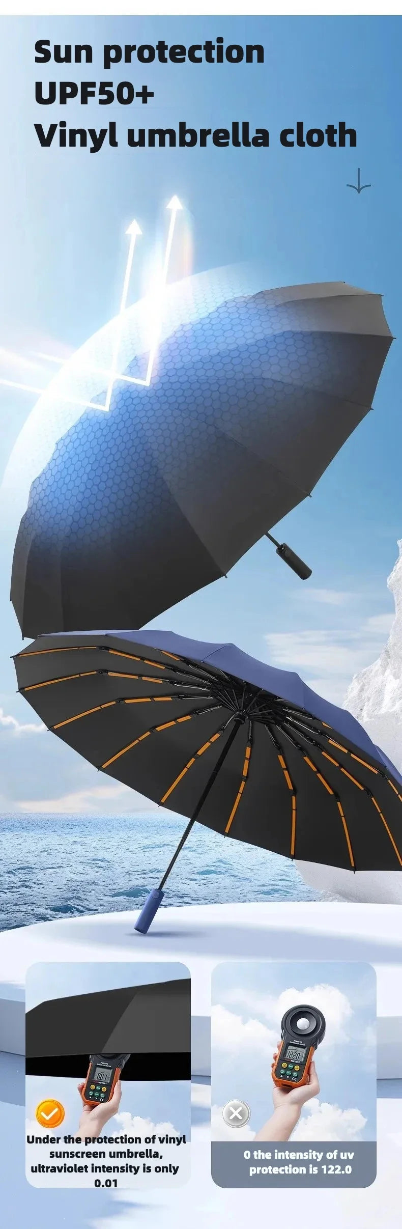 Stormproof Automatic Folding Umbrella - 288-Rib Reinforced Windproof Rain & Sun Umbrella with UPF50+ UV Protection (Men's Large)