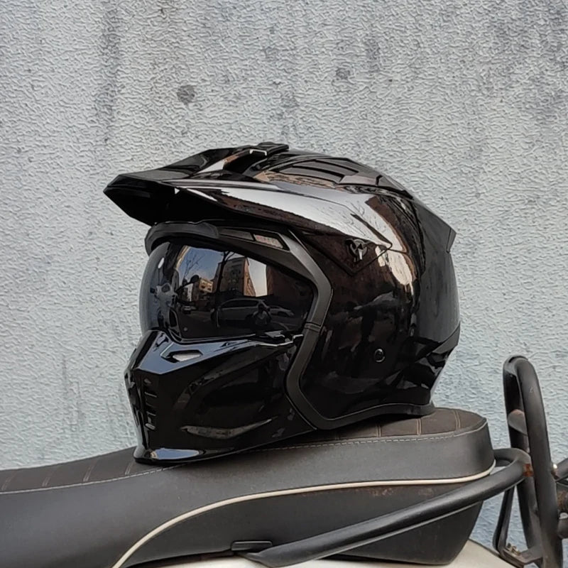 ORZ Black Warrior Vintage Motorcycle Helmet - Full Face & Half Face Combination Helmet for Cruising and Motocross