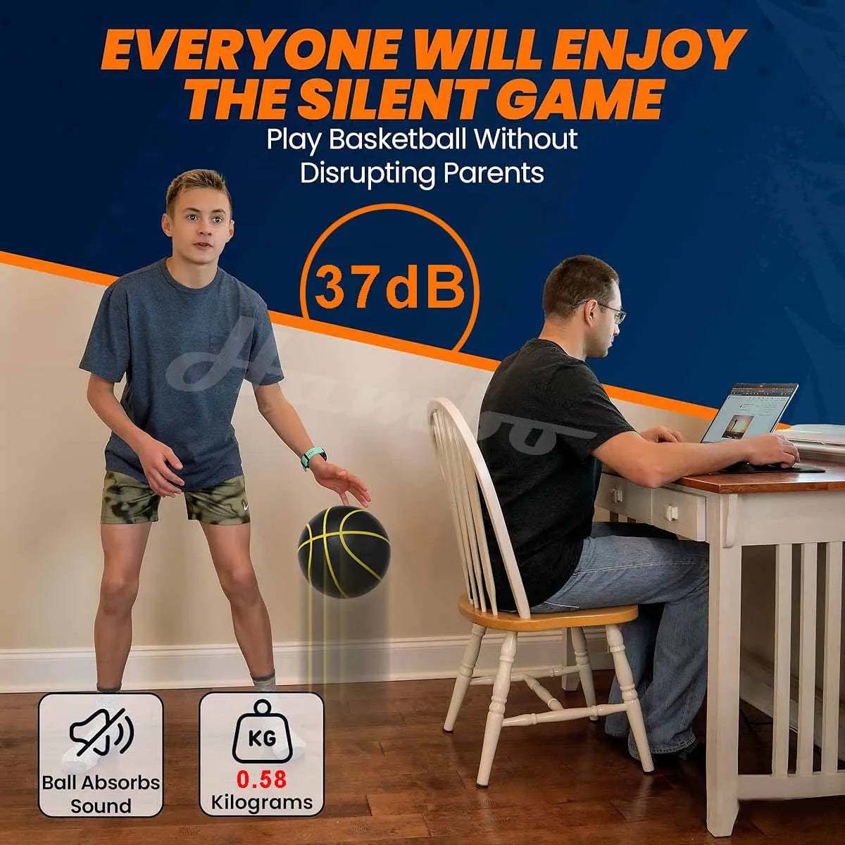 Silent Basketball Size 7 (29.5") - 580g Weighted Noiseless Indoor PU Foam Airless Basketball with Quiet Bounce