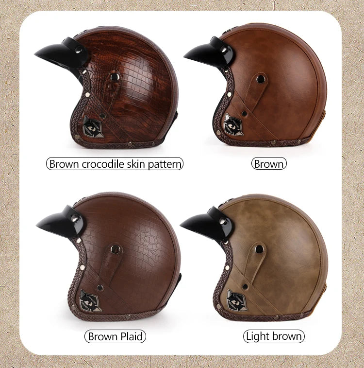 Retro Open Face 3/4 Motorcycle Helmet - Classic PU Leather Chopper & Bicycle Helmet (Vintage Style)