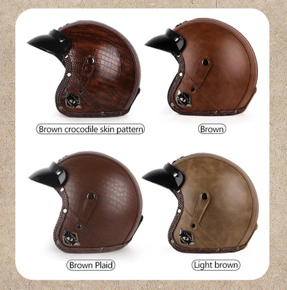 Retro Open Face 3/4 Motorcycle Helmet - Classic PU Leather Chopper & Bicycle Helmet (Vintage Style)