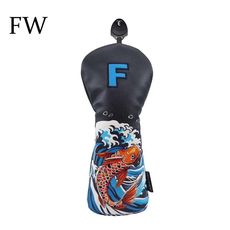 Koi Pattern Golf Club Head Covers – PU Leather, Waterproof, Driver / Fairway / Hybrid / Putter
