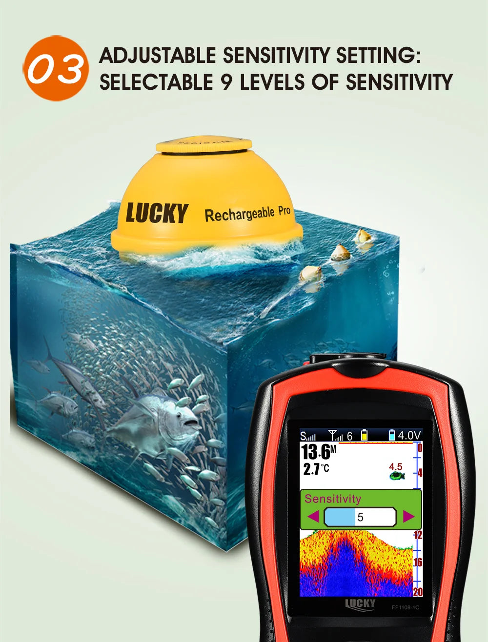 Wireless Fish Finder - Rechargeable Sonar Sensor 45M Depth for Portable Fishing