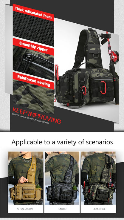 Men's Fishing Backpack with Pole Holder - Equipment Storage Bag with Bait Box, Sling Shoulder Strap