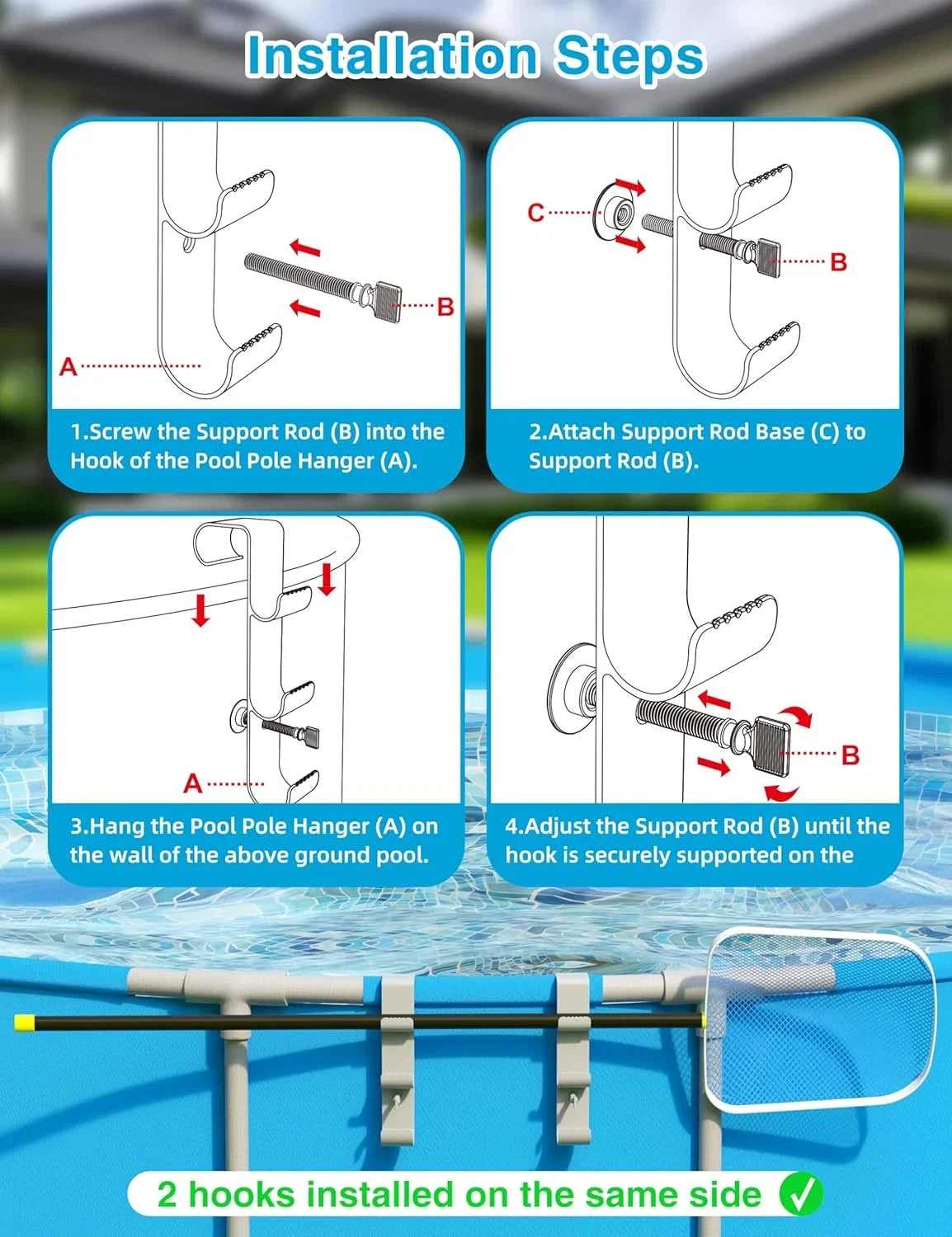 Adjustable Pool Pole Hooks - 2/3-Hook Swimming Pool Equipment Hanger for Telescopic Skimmer Poles and Pool Accessories