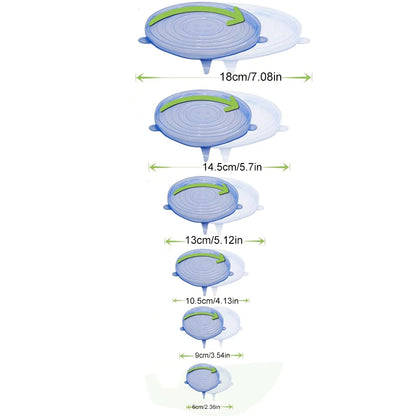 Universal Silicone Food Storage Lids - 6 Piece Set of Reusable Airtight Stretch Covers for Round Dishes & Kitchen Containers