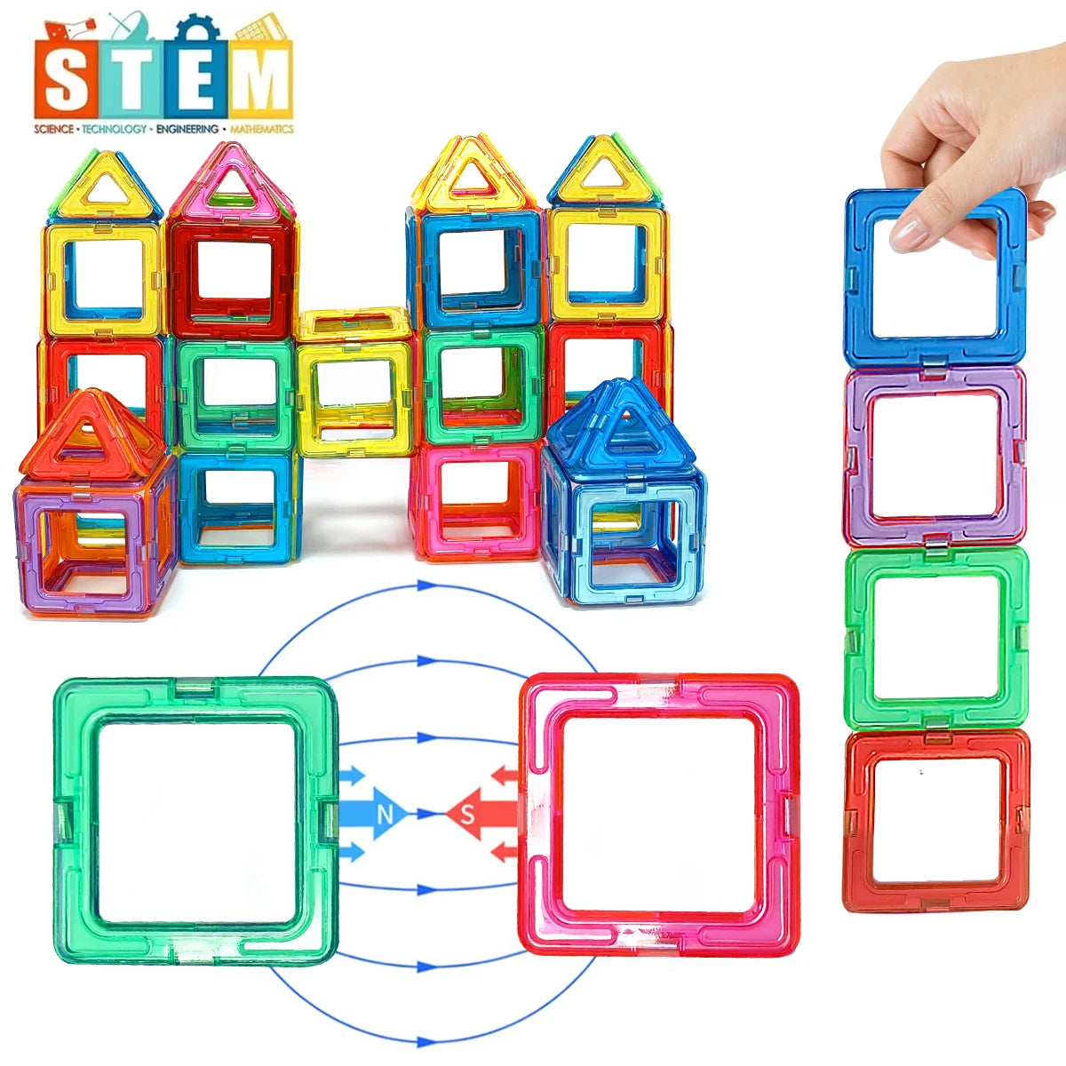 Magnetic Building Blocks Set - Medium Size 60-Piece STEM Construction Toy, Educational DIY Magnet Tiles for Learning & Creative Play