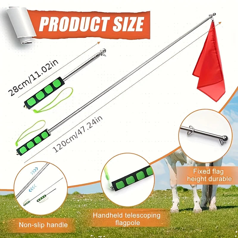 Retractable Horse Training System - Heavy-Duty Telescopic Pole with Quick-Release Hook and Red/White Flag - Portable Equipment for Dressage, Show Jumping, and Cross-Country - Beginner-Friendly