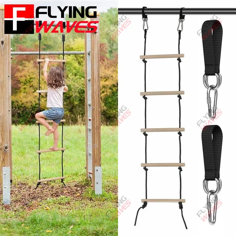 Kids Wooden Rope Ladder Climbing Swing - Indoor Outdoor Playground Recreation Set