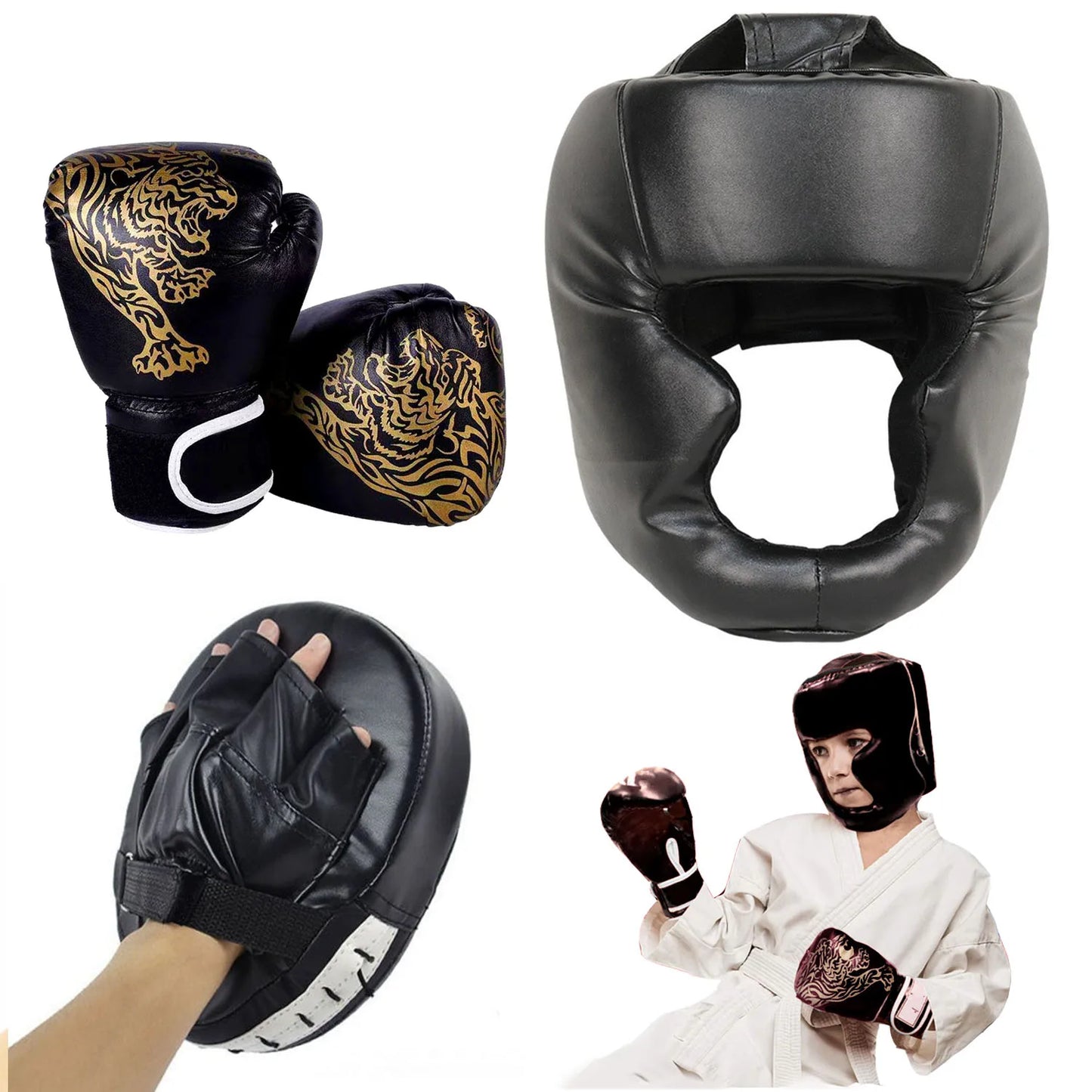 MMA Boxing Training Set - PU Leather Safety Gloves & Head Gear Protector for Adults & Kids - Kickboxing Equipment
