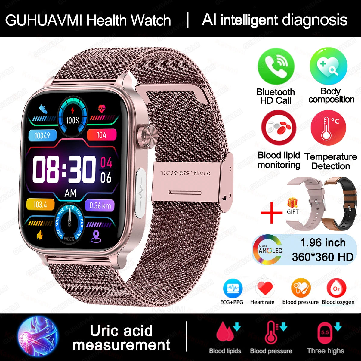 Advanced Health Monitoring Smart Watch - ECG+PPG, Blood Pressure, Heart Rate, 1.96" AMOLED Display, 100+ Sports Modes (Men & Women)