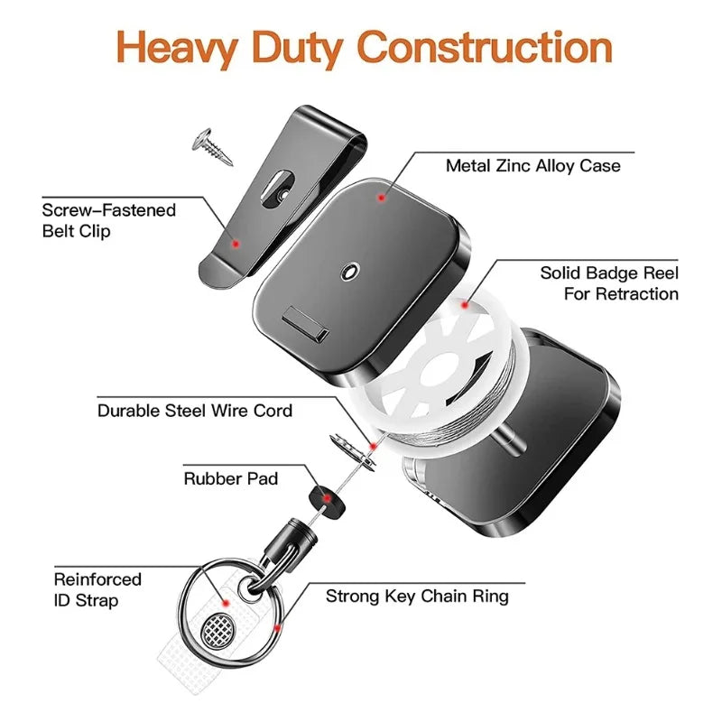Heavy Duty Retractable Badge Reel Key Chain - Square Design with Carabiner Clip