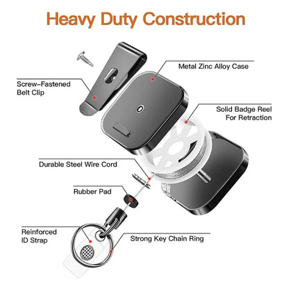 Heavy Duty Retractable Badge Reel Key Chain - Square Design with Carabiner Clip