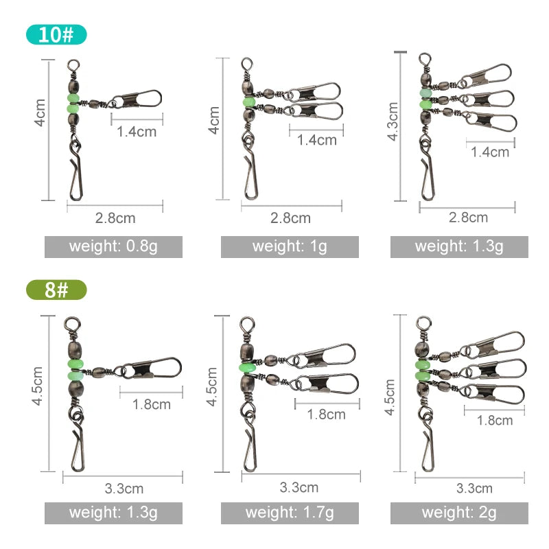 Premium Fishing Swivel Connector Set - Size 8# 10# with Bearing Rolling Swivel & Interlock Snap