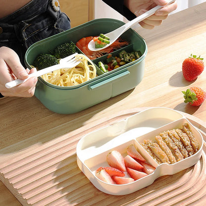 Portable Double-Layer Lunch Box with Compartments - Microwave Safe Food Container with Fork & Spoon Set for Picnic and Fresh Food Storage