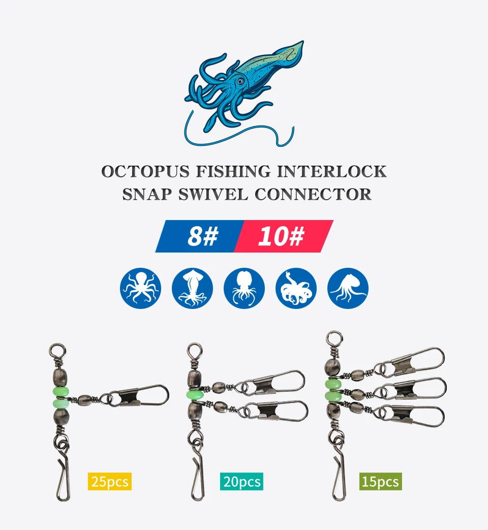 Premium Fishing Swivel Connector Set - Size 8# 10# with Bearing Rolling Swivel & Interlock Snap
