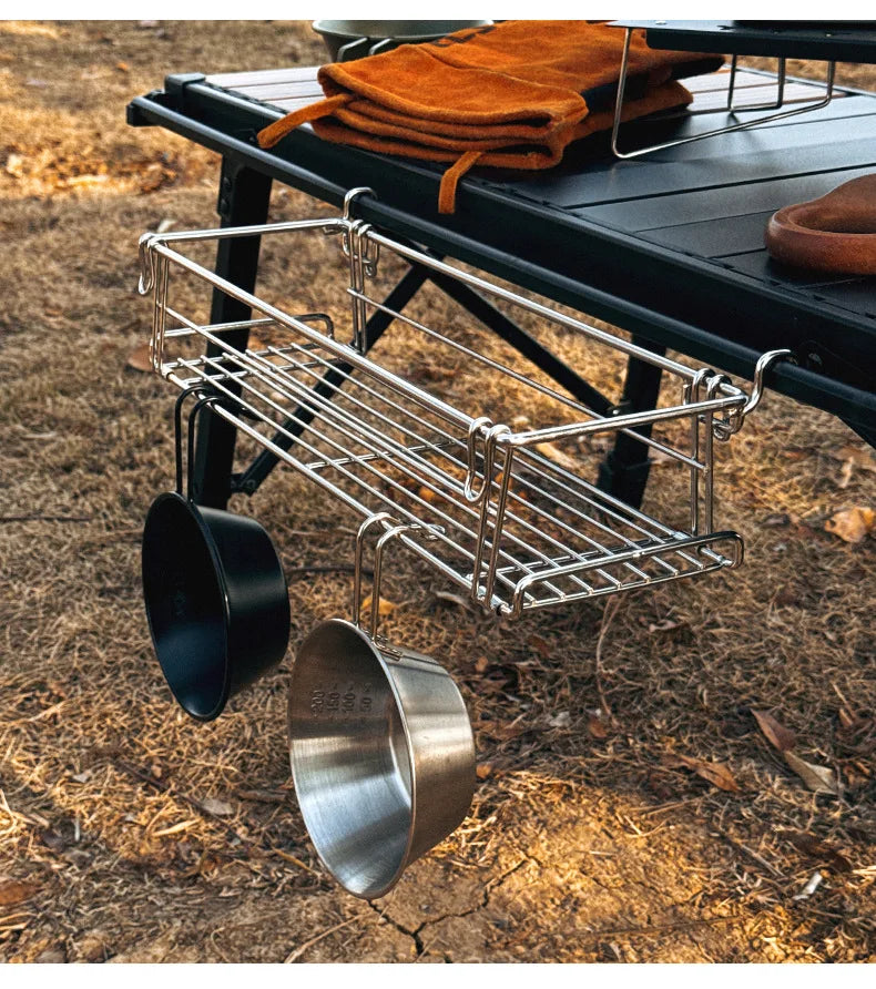 Folding Aluminum Table Extension Rack - IGT Compatible Hanging Mesh Storage Basket with Side Bracket for Outdoor Tables