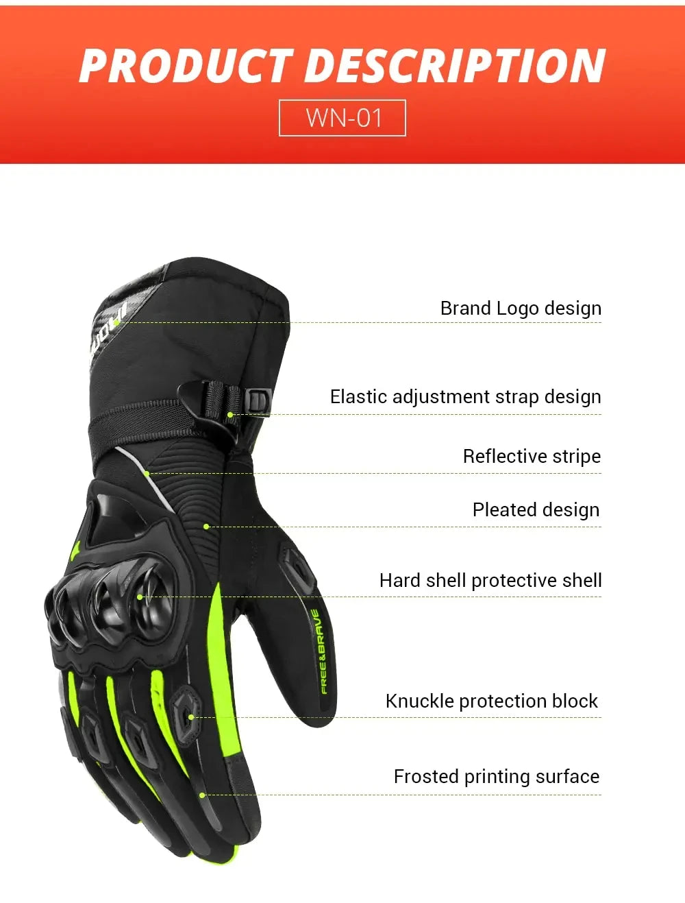 Waterproof Winter Motorcycle Gloves - Full Finger Protection with Touch Screen - Model WN-01