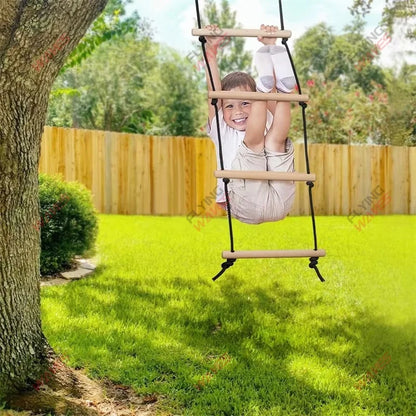Kids Wooden Rope Ladder Climbing Swing - Indoor Outdoor Playground Recreation Set