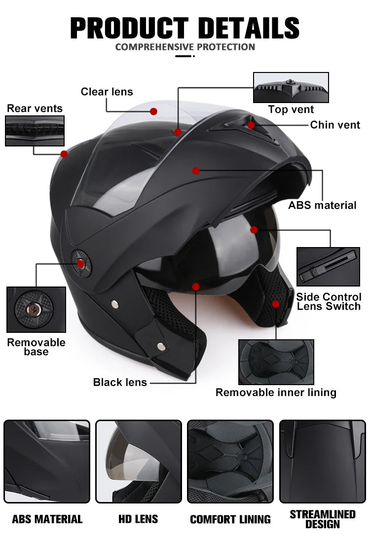 DOT Certified Modular Flip-Up Motorcycle Helmet - Dual Visor Cross-Country Safety Helmet - Unisex