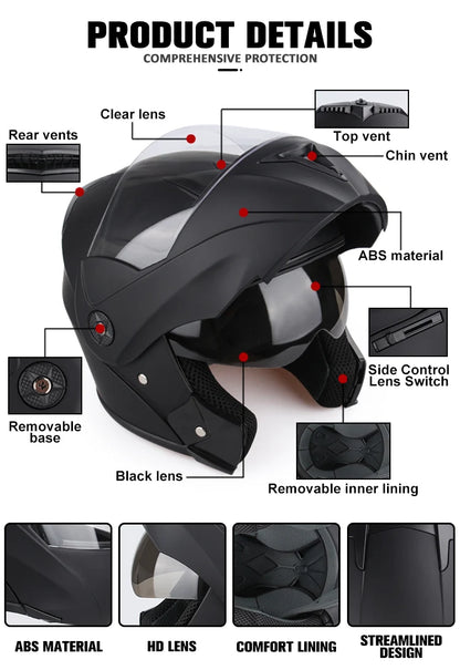 DOT Certified Modular Flip-Up Motorcycle Helmet - Dual Visor Cross-Country Safety Helmet - Unisex