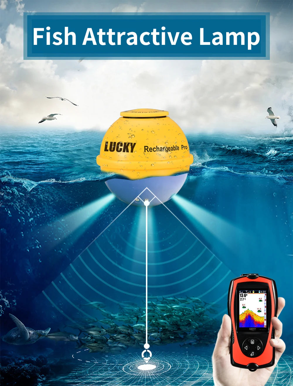 Wireless Fish Finder - Rechargeable Sonar Sensor 45M Depth for Portable Fishing