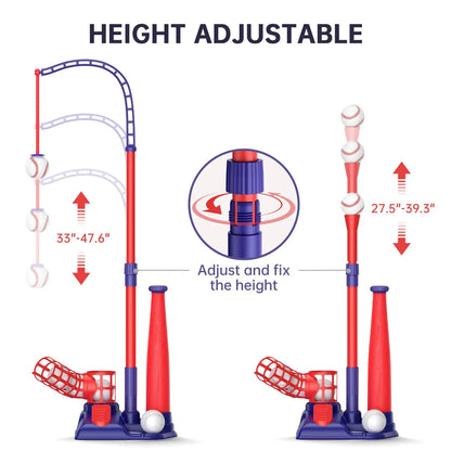 3-in-1 Kids Baseball Training Set - Batting Tee, Stand & Pitching Machine with 4 Softballs & Bat (Ages 3-8)