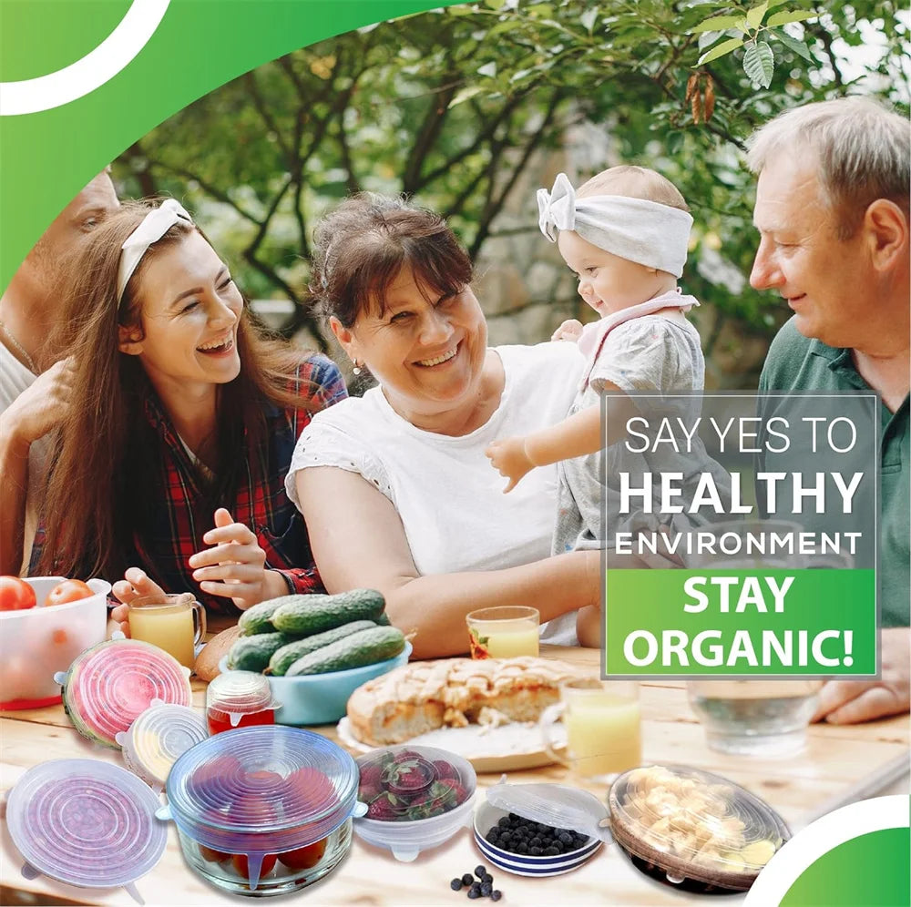 Universal Silicone Food Storage Lids - 6 Piece Set of Reusable Airtight Stretch Covers for Round Dishes & Kitchen Containers