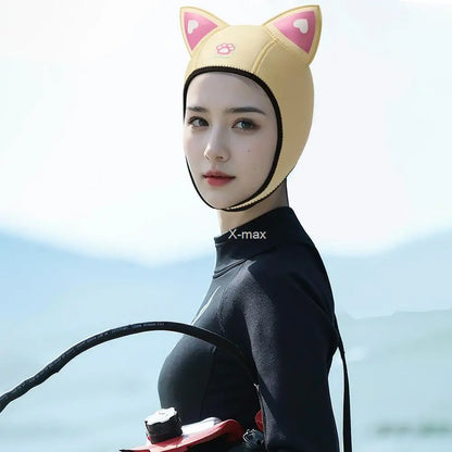 Women's Waterproof 3MM Neoprene Diving Hood - Cute Cat Ears Design with Chin Straps for Swimming & Snorkeling