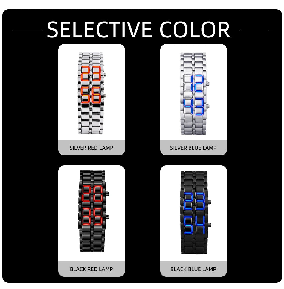 LED Digital Sports Watch - Full Metal Lava Style Wristwatch with Alarm & Calendar (Red/Blue Display)