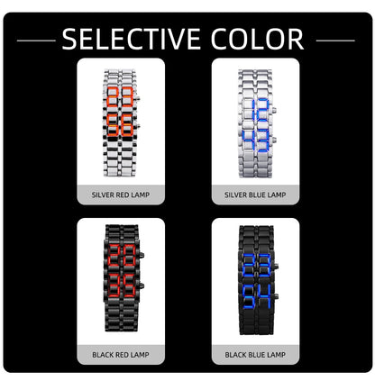 LED Digital Sports Watch - Full Metal Lava Style Wristwatch with Alarm & Calendar (Red/Blue Display)
