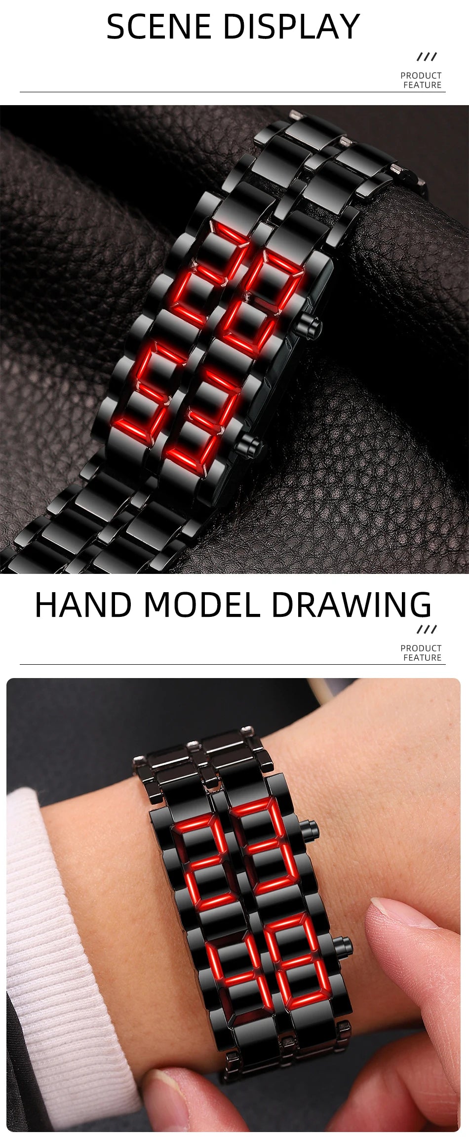 LED Digital Sports Watch - Full Metal Lava Style Wristwatch with Alarm & Calendar (Red/Blue Display)