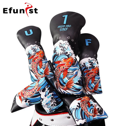 Koi Pattern Golf Club Head Covers – PU Leather, Waterproof, Driver / Fairway / Hybrid / Putter