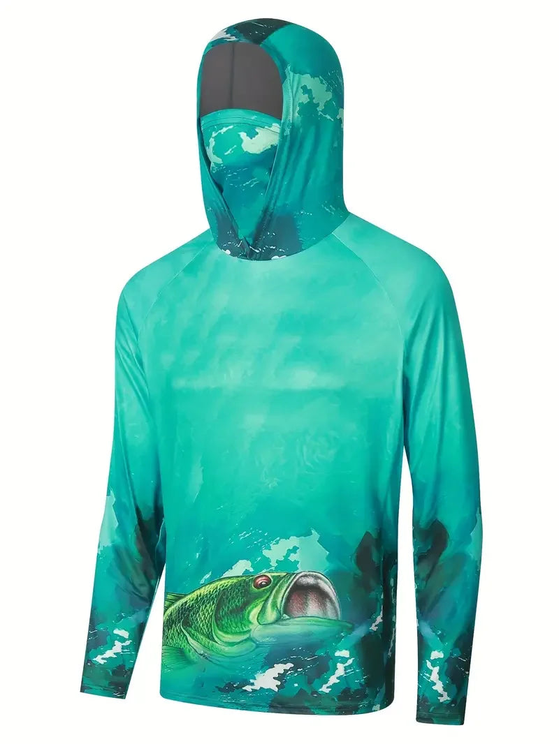 Men's Hooded Fishing Performance Jersey - UV Protection Sun Mask Hoodie for Outdoor Summer Activities