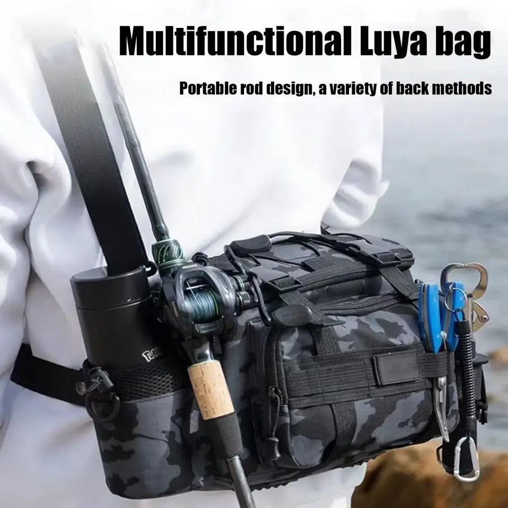 Portable Fishing Tackle Shoulder Bag - Multi-Purpose Storage with Rod Holder for Outdoor Sports & Fly Fishing