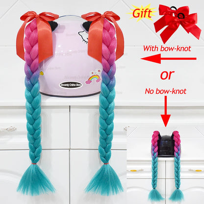 Motorcycle Helmet Braids - 2 Piece Set Women's Ponytail Wig with Suction Cup for Motorbike Helmets (164 Colors Available, Dual Pigtail Twist Style)