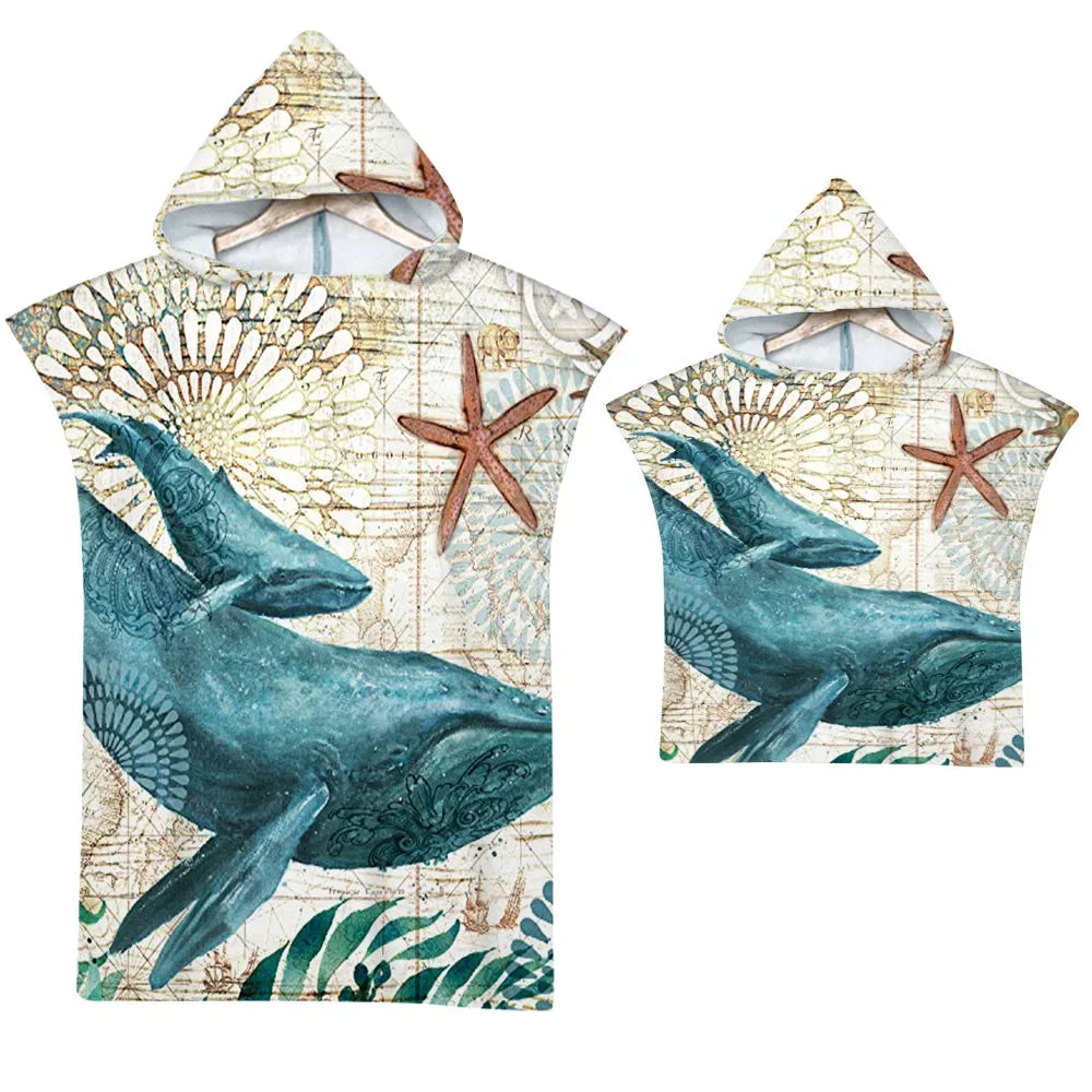 Quick-Dry Microfiber Hooded Towel Poncho with Printed Design - Beach & Water Sports Changing Robe