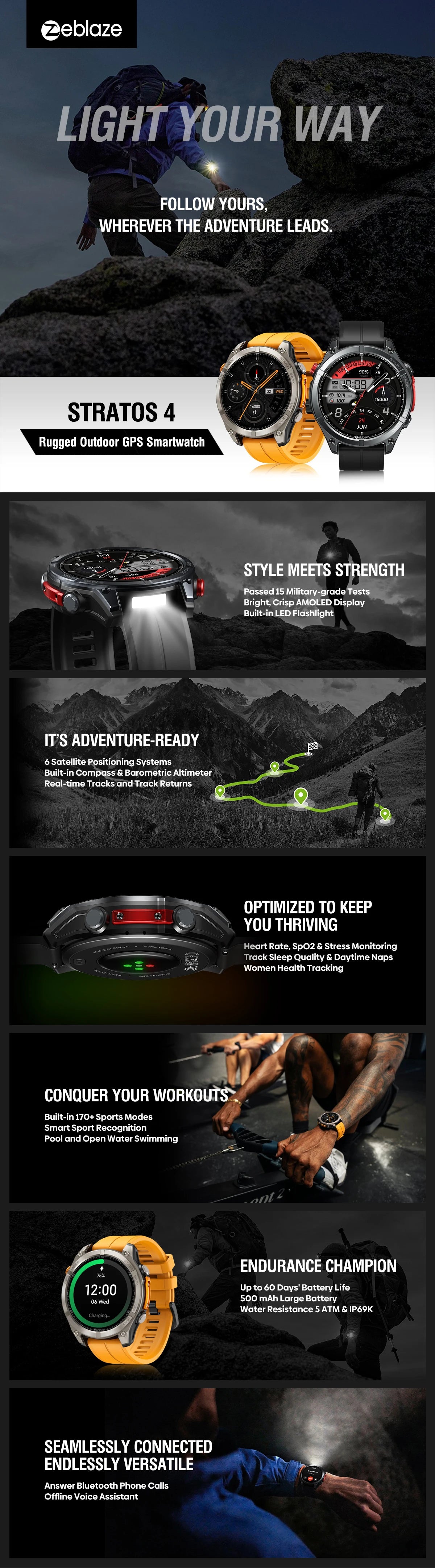 Zeblaze Stratos 4 GPS Smartwatch - 1.43'' AMOLED Screen with Compass, Barometric Altimeter, Flashlight & Voice Calling