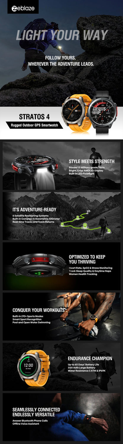 Zeblaze Stratos 4 GPS Smartwatch - 1.43'' AMOLED Screen with Compass, Barometric Altimeter, Flashlight & Voice Calling