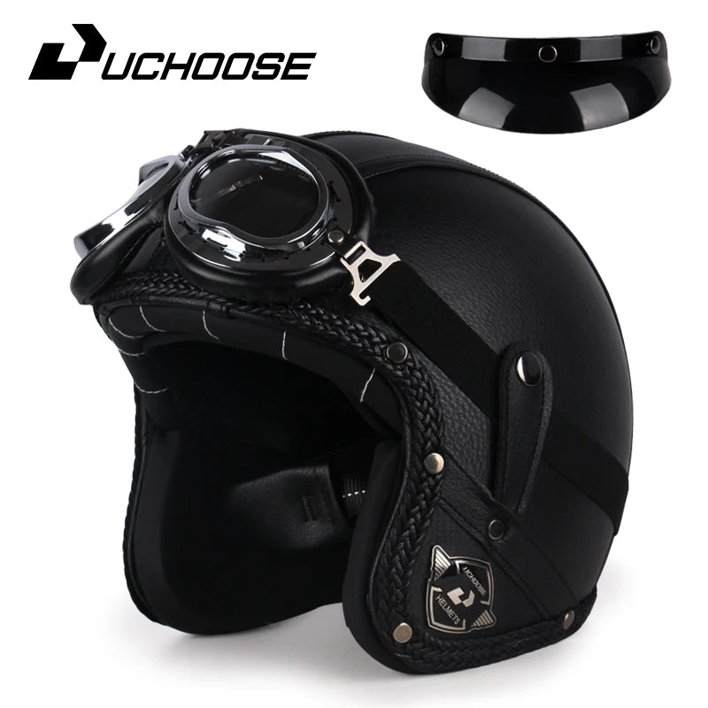 Retro Open Face 3/4 Motorcycle Helmet - Classic PU Leather Chopper & Bicycle Helmet (Vintage Style)