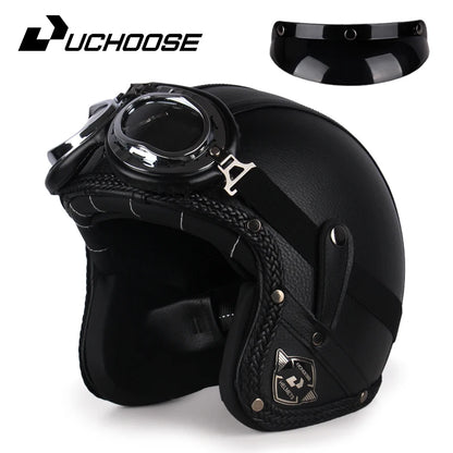Retro Open Face 3/4 Motorcycle Helmet - Classic PU Leather Chopper & Bicycle Helmet (Vintage Style)