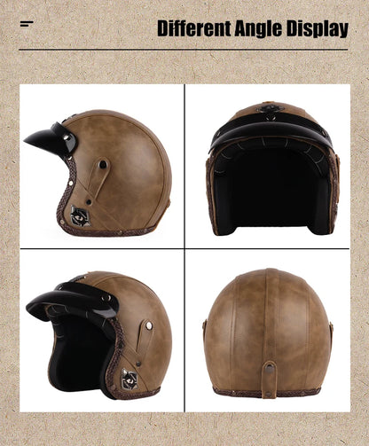 Retro Open Face 3/4 Motorcycle Helmet - Classic PU Leather Chopper & Bicycle Helmet (Vintage Style)