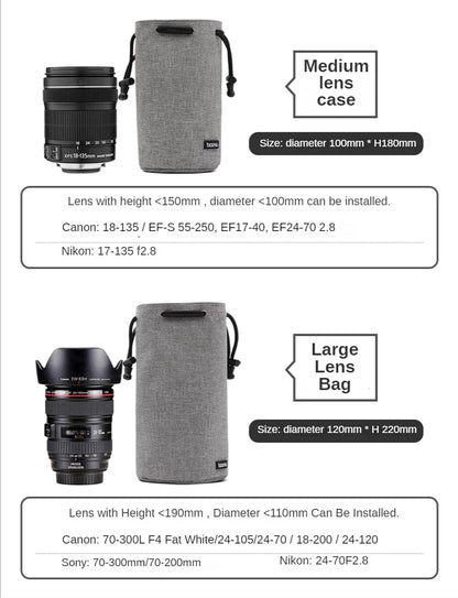 Camera Lens Bag - Waterproof Drawstring Pouch with Fleece Protection for DSLR Cameras